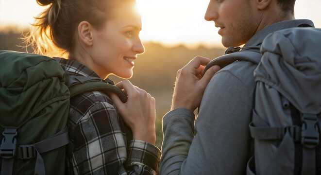 Young couple with backpacks hiking in nature. Smiling man and woman looking at each other during golden hour. Outdoor adventure and active lifestyle concept
