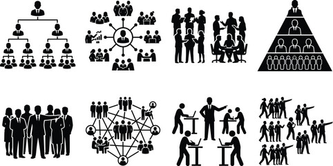Naklejka premium Corporate Organizational Hierarchy and Business Teamwork Icon Set Featuring Workplace Management and Social Network Structure