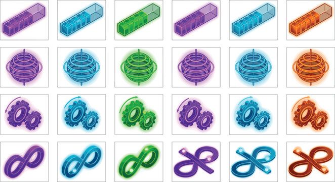 Isometric Futurist Tech Icon Set with Glowing Progress Bars, Wireframe Spheres, Rotating Gears, and Infinite Data Loop Symbols in Neon Colors