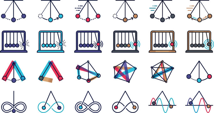 Newton's Cradle Icon Set with Physics Pendulum Motion, Momentum Waves, Kinetic Energy Science Diagrams, and Geometric Infinity Mechanics Symbols