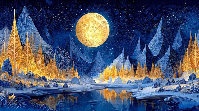 Snowy mountain peaks with crescent moon and starry night sky above