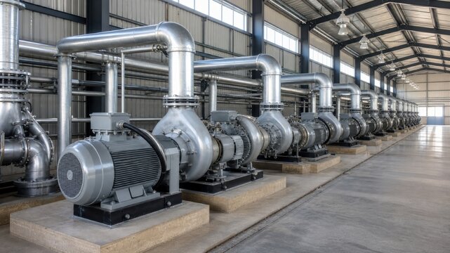 Industrial pumps and motors set in a large facility for water processing, showing modern equipment in use