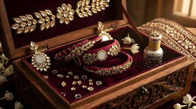 Traditional Indian Kundan Jewelry Set in Carved Wooden Box
