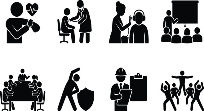 Occupational Health and Workplace Wellness Icon Set Featuring Medical Screening Safety Inspection and Corporate Training