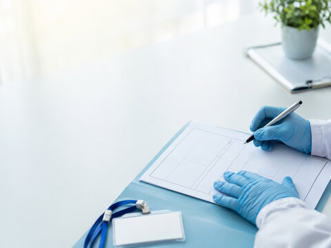 Registro de datos en un entorno m&eacute;dico con guantes y bol&iacute;grafo en una mesa