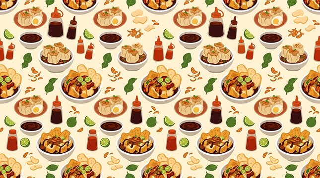 Indonesian street food batagor and siomay seamless pattern