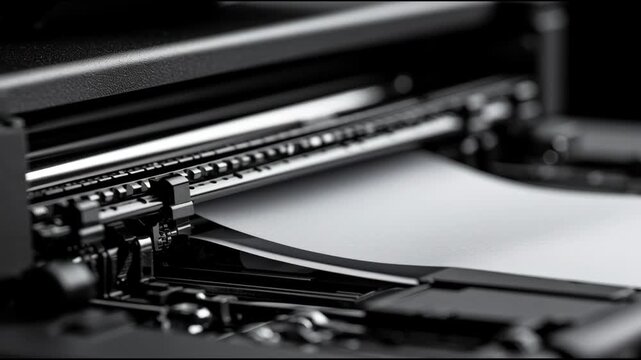 Close view of a printer paper jam in an office showing details of the machine and paper stuck inside.