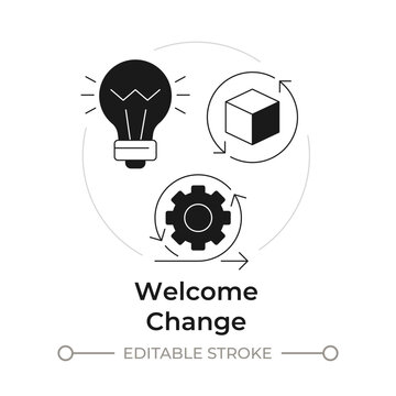Welcome change modern flat line concept icon. Adaptive workplace culture. Driving agile strategic growth. Operational synergy. Solid and outline vector illustration. Round black and white design