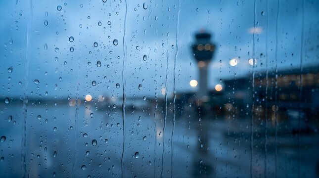 Raindrops on airport window looking at a control tower during a storm