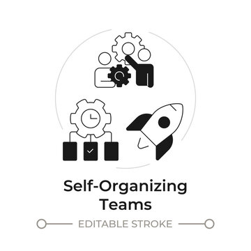 Self organizing teams modern flat line concept icon. Modern collaborative workflow. Agile workplace culture. Project management. Solid and outline vector illustration. Round black and white design