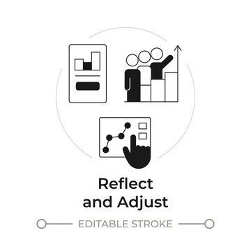 Reflect and adjust modern flat line concept icon. Data driven performance review. Continuous self improvement mindset. Solid and outline vector illustration. Round black and white design