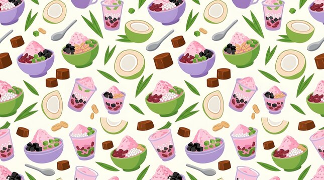 Seamless pattern of colorful asian shaved ice desserts and coconuts