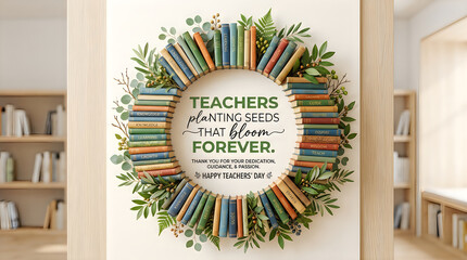 Fototapeta premium Happy teacher day books greenery wreath celebrating educator dedication and inspiring student growth