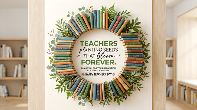 Happy teacher day books greenery wreath celebrating educator dedication and inspiring student growth
