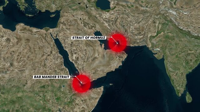 Satellite View Map of the Middle East Highlighting the Strait of Hormuz and Bab el-Mandeb , mayun island , Perim , Cheikh Sa&iuml;d Peninsula