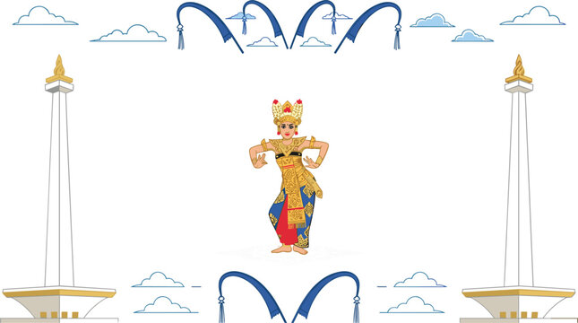 Indonesia independence day background with traditional balinese dancer character national monument monas clouds and curved decorative elements