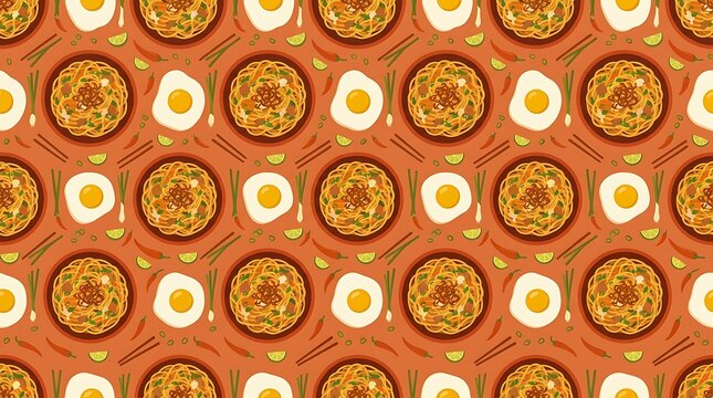 Seamless pattern of pad thai noodles and fried eggs on orange