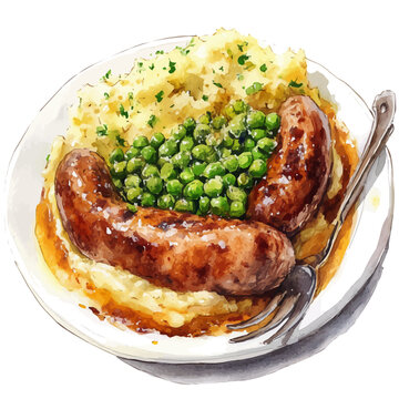 Bangers And Mash, watercolor vector , isolated on a white background.