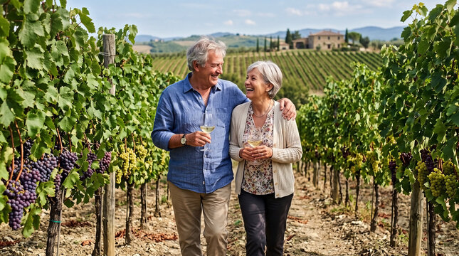 Happy elderly couple walking in a vineyard holding glasses of white wine. Senior man and woman enjoying wine tasting on a sunny summer day. Retirement lifestyle and travel concept
