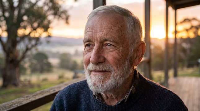 Close up portrait of a thoughtful elderly man with a white beard. Senior grandfather looking away outdoors during sunrise or sunset. Aging and retirement concept