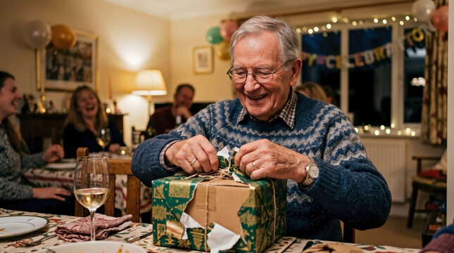 Smiling elderly man opening a wrapped gift at a table. Senior grandfather unwrapping a present during a family birthday celebration or holiday party indoors