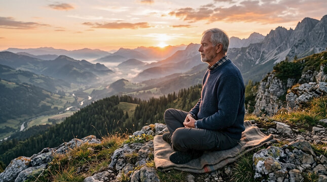 Elderly man meditating on a rocky mountain peak at sunrise. Senior hiker sitting cross legged enjoying the scenic valley view. Active retirement and mindfulness concept