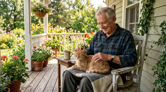 Smiling elderly man petting an orange cat on his lap. Senior grandfather relaxing on a porch with his pet feline on a sunny summer day. Retirement lifestyle concept