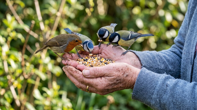 Close up of senior hands holding birdseed for wild birds. European robin and blue tits perched on elderly fingers eating seeds against a blurred green background