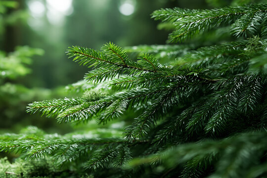 Close-up view of lush green pine needles on a branch in a forest setting
