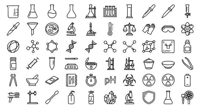 :
Chemistry Laboratory and Molecule Outline Icon Set Black Science Vector Collection Isolated on White Background