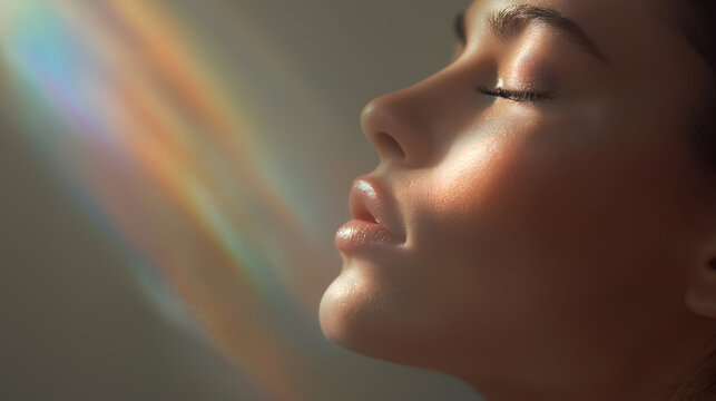 Serene Woman Profile with Closed Eyes and Rainbow Prism Light Flare on Dark Background