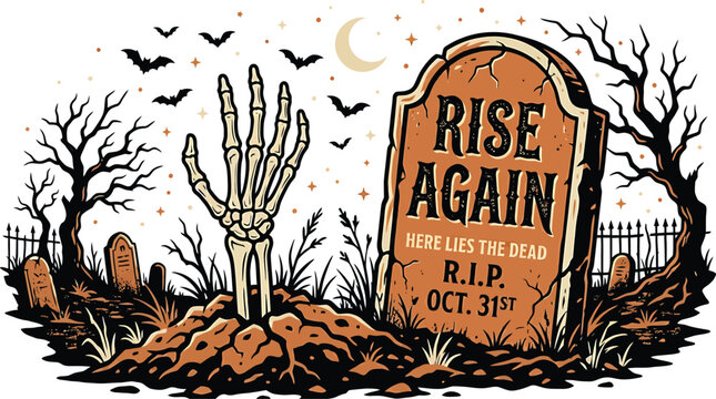 Spooky halloween vector illustration tombstone skeleton hand bats and cemetery scene for october 31st designs
