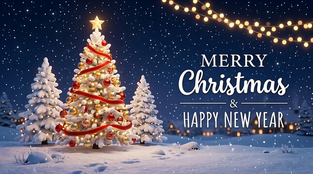 Merry Christmas and Happy New Year banner with decorated snow covered Christmas tree, glowing string lights and winter night landscape background