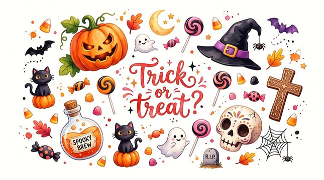 Trick or treat Halloween elements set with watercolor jack o lantern pumpkin, spooky brew bottle, cute black cats, ghost, sugar skull and witch hat isolated on white background