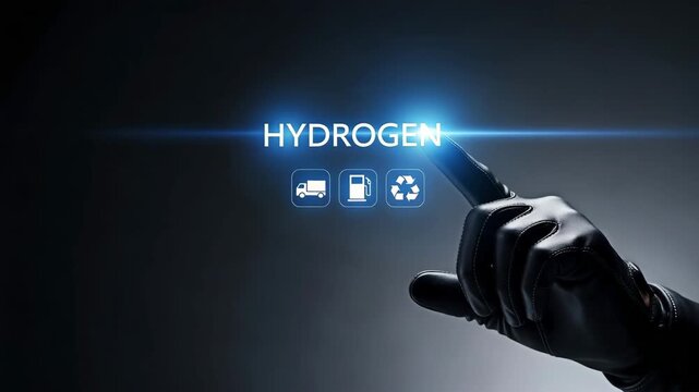 A finger touching the word HYDROGEN on a futuristic digital interface with icons representing transport, fuel, and recycling for the concept of clean energy and innovation.