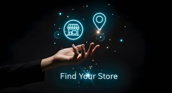 A hand holding glowing icons representing a store and a location pin for the concept of finding a retail store or local business.