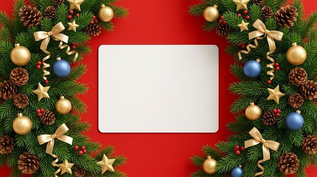 Christmas card mockup with blank paper, fir branches, golden baubles, pine cones and decorative golden bows on red background