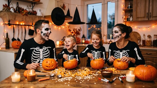 Family wearing matching skeleton costumes carving pumpkins together in decorated kitchen, celebrating festive Halloween tradition and togetherness.
