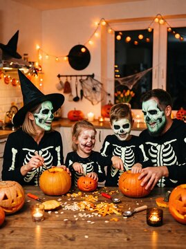 Family wearing matching skeleton costumes carving pumpkins together in decorated kitchen, celebrating festive Halloween tradition and togetherness.