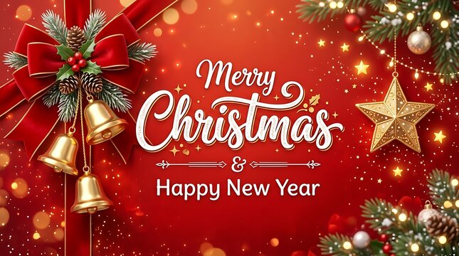 Merry Christmas and Happy New Year background with golden bells, red ribbon bow, glittering stars and pine branches on bokeh background