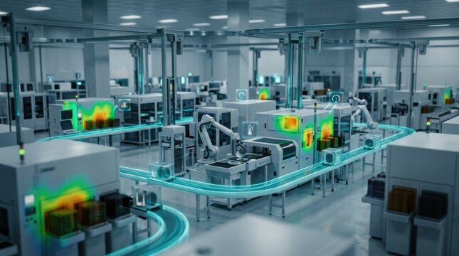 Medium shot of a 3D digital twin fab visualization displaying realistic equipment layouts dynamic material flows and realtime sensor data for optimized factory insights.
