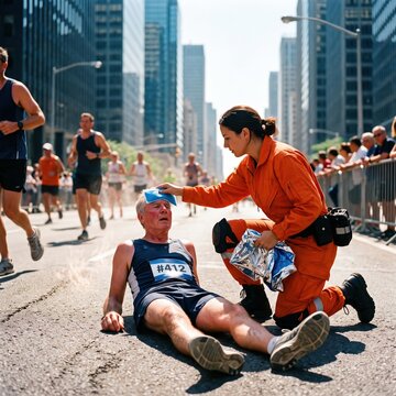 Paramedic applying cold compress and emergency blanket to collapsed exhausted runner during city marathon race, emergency medical response scene.