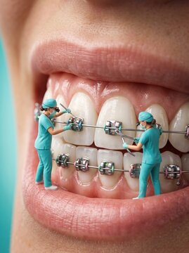 Miniature dental workers installing braces on giant teeth, creative concept for orthodontics, dental treatment, and teeth straightening.