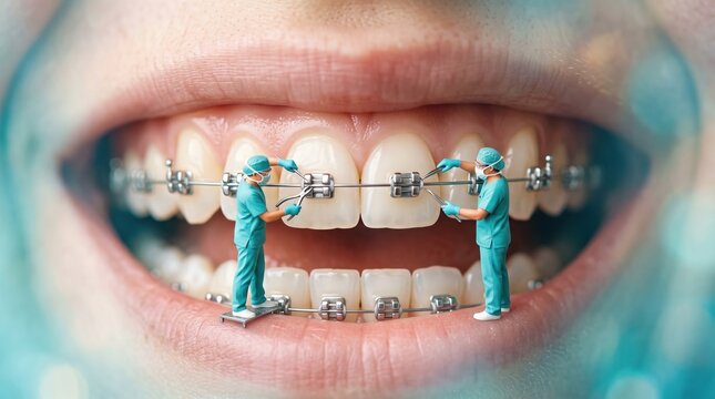 Miniature dental workers installing braces on giant teeth, creative concept for orthodontics, dental treatment, and teeth straightening.