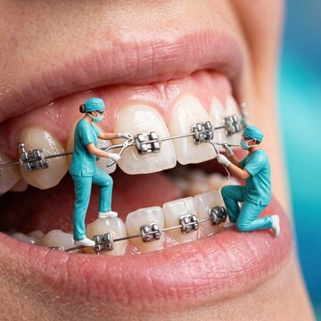 Miniature dental workers installing braces on giant teeth, creative concept for orthodontics, dental treatment, and teeth straightening.