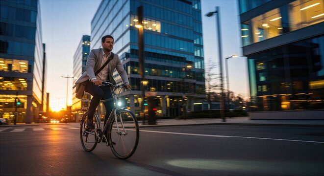Office worker rides a commuter bicycle home after work with subtle motion blur, showing evening commute and sustainable urban lifestyle.