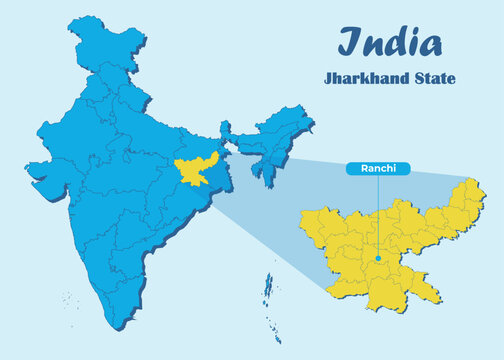 Jharkhand state highlighted in yellow in Indian map with editable vector illustration. Political map showing the location of Jharkhand with Ranchi marked, suitable for education, travel, geography.