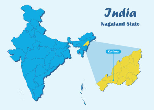 Nagaland state highlighted in yellow in Indian map with editable vector illustration. Political map showing the location of Nagaland with Kohima marked, suitable for education, travel, geography.