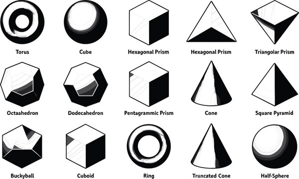 Abstract monochrome 3D geometric shapes collection chart with text labels featuring glossy primitives like torus sphere cube prisms and pyramids