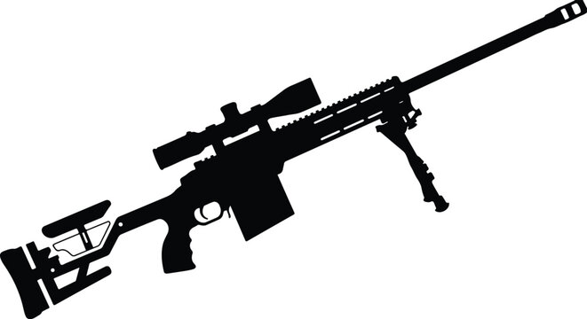 vector illustration of a cartoon sniper rifle silhouette icon, featuring a solid black military tactical rifle with a scope optic, bipod stand, and adjustable stock, clean pop art aesthetic, military 